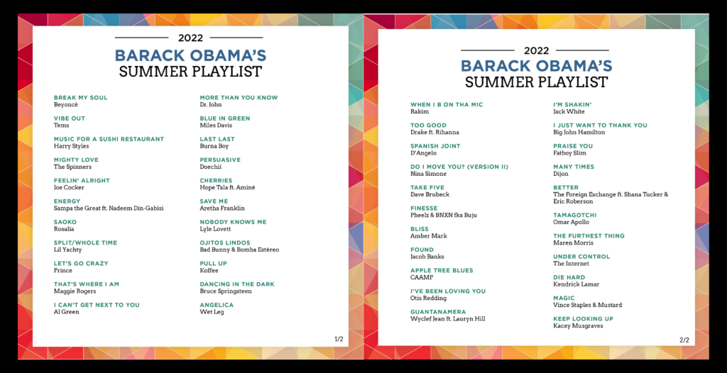 Obama 2022 Summer playlist includes Burna Boy, Tems, Buju, and Pheelz.